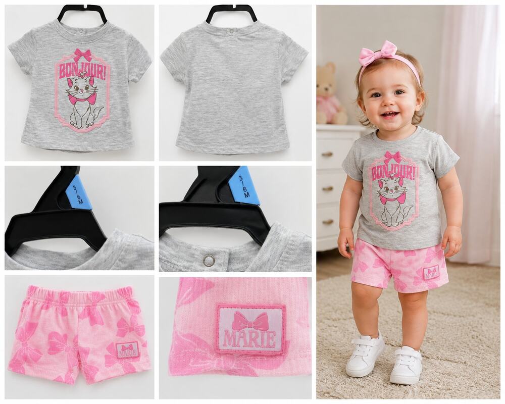 Disney Marie "Bonjour!" Toddler 2-Piece Outfit – Gray Tee & Pink Bow Shorts
